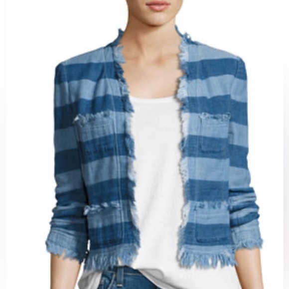AG Adriano Goldschmied Blazer The Capucine Jacket Blue Stripe Crop Fray Hem XS - Picture 3 of 15